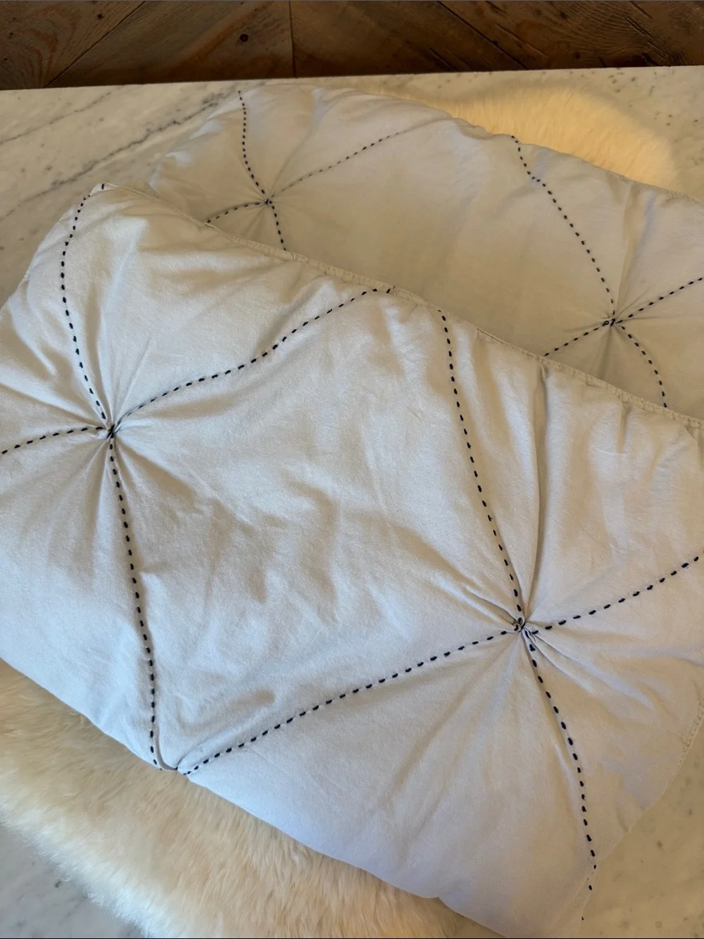 West Elm Light Blue Pintuck Shams with Navy Stitching